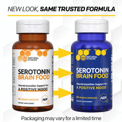 Natural Stacks Serotonin Brain Food bottle and glass visual conveys a calm daily routine.