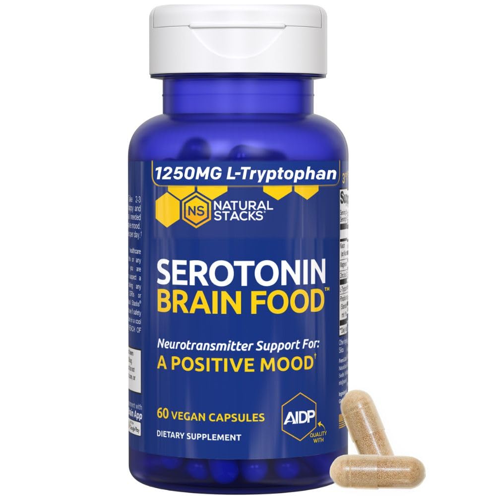 Natural Stacks Serotonin Brain Food bottle front emphasizes mood support and quality ingredients.