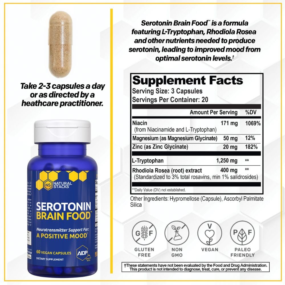Natural Stacks Serotonin Brain Food capsules closeup highlights high L-Tryptophan content for serotonin support.