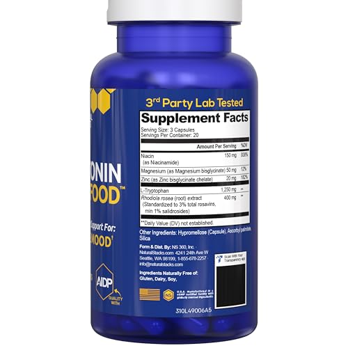 Natural Stacks Serotonin Brain Food lab-test badge reinforces trusted ingredients.