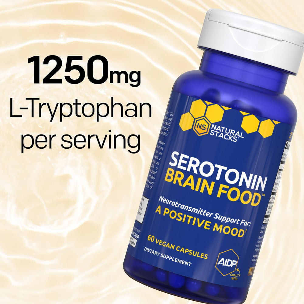 Natural Stacks Serotonin Brain Food label detail shows 60 capsules for daily mood support.