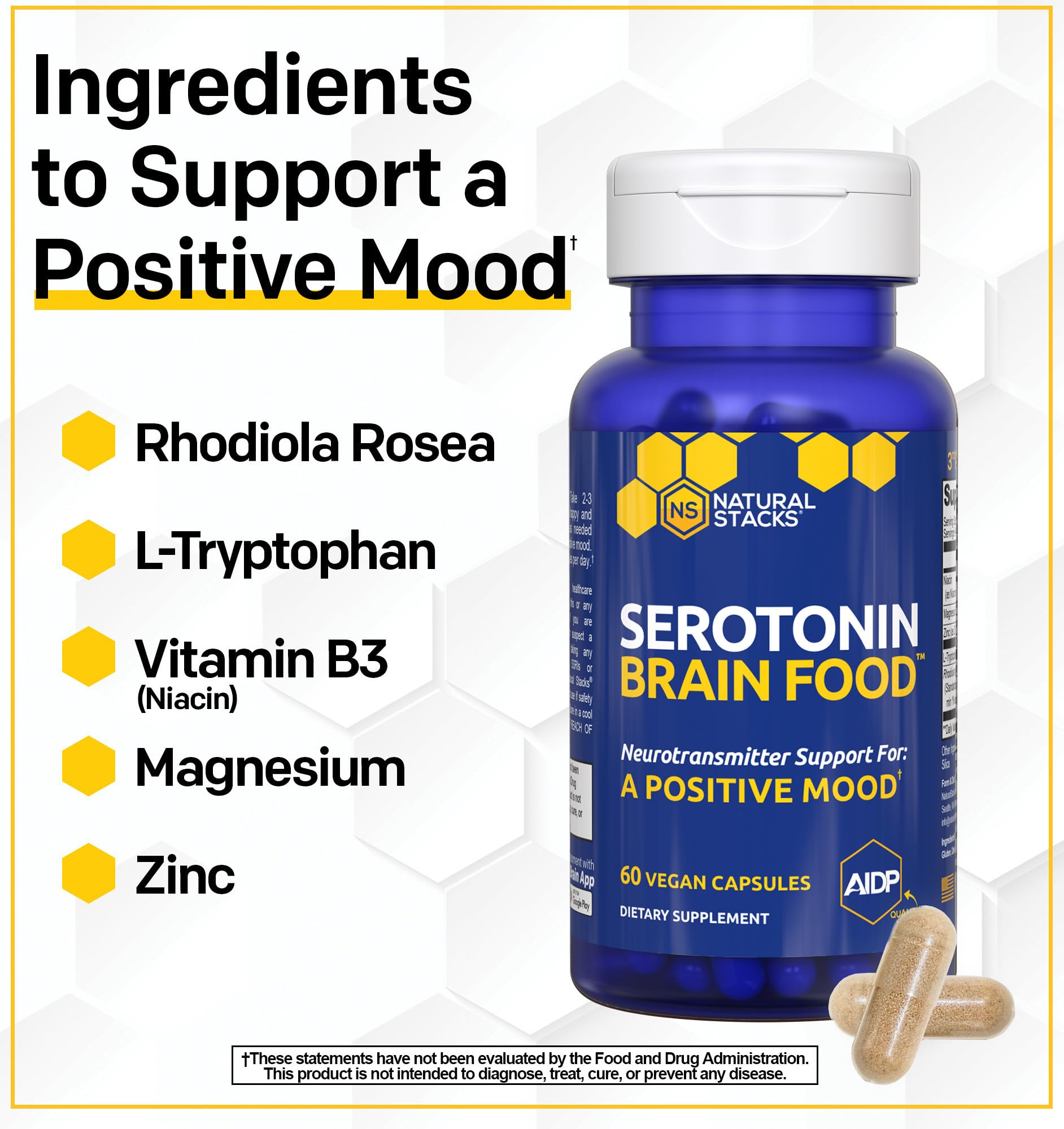 Natural Stacks Serotonin Brain Food packaging inset highlights transparency and third-party testing.