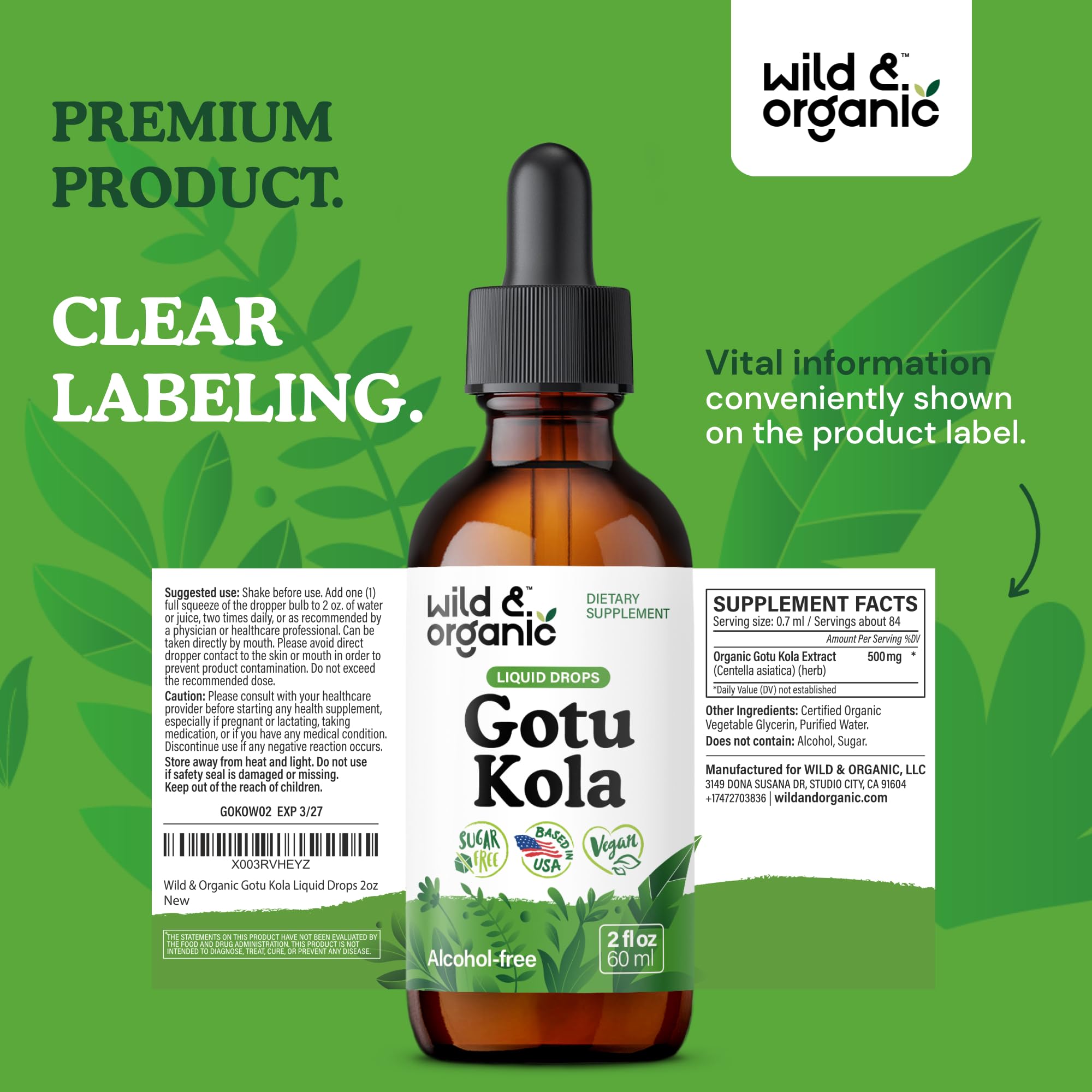 Herbal wellness concept with Gotu Kola leaves illustration on label.