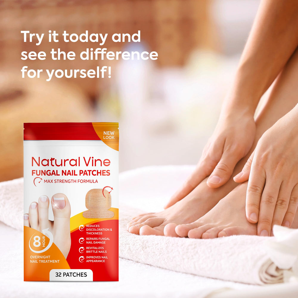 Natural Vine Fungal Nail Patches bundled packaging emphasizes 32 patch kit value.