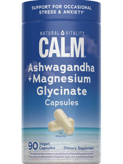 Natural Vitality Calm ashwagandha bottle promotes daily stress support and mood balance.