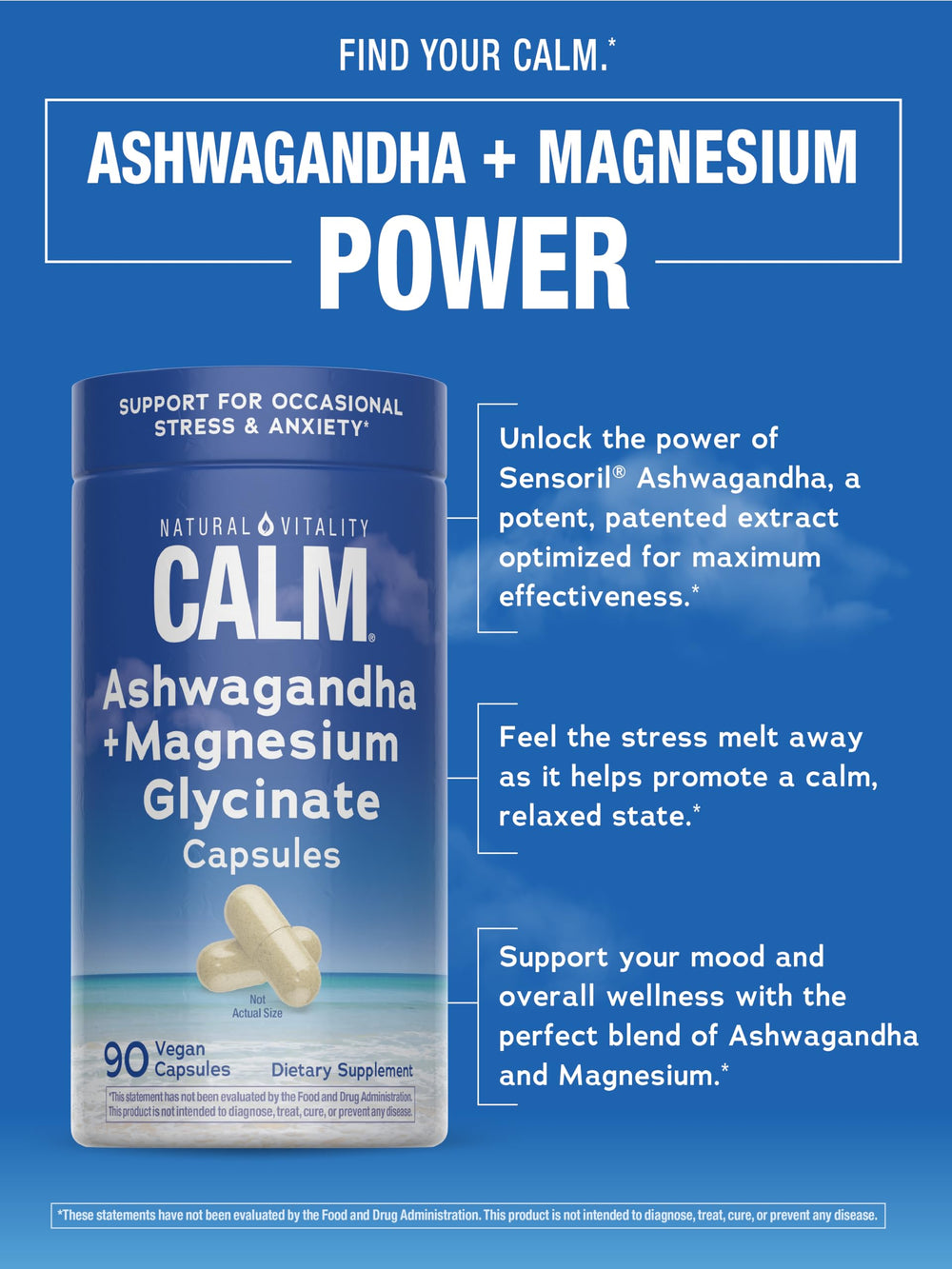 Natural Vitality Calm ashwagandha capsules support relaxation and daily mood balance.