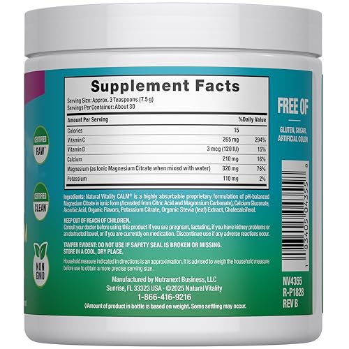 Natural Vitality CALM bottle back label highlighting Non-GMO and gluten-free features