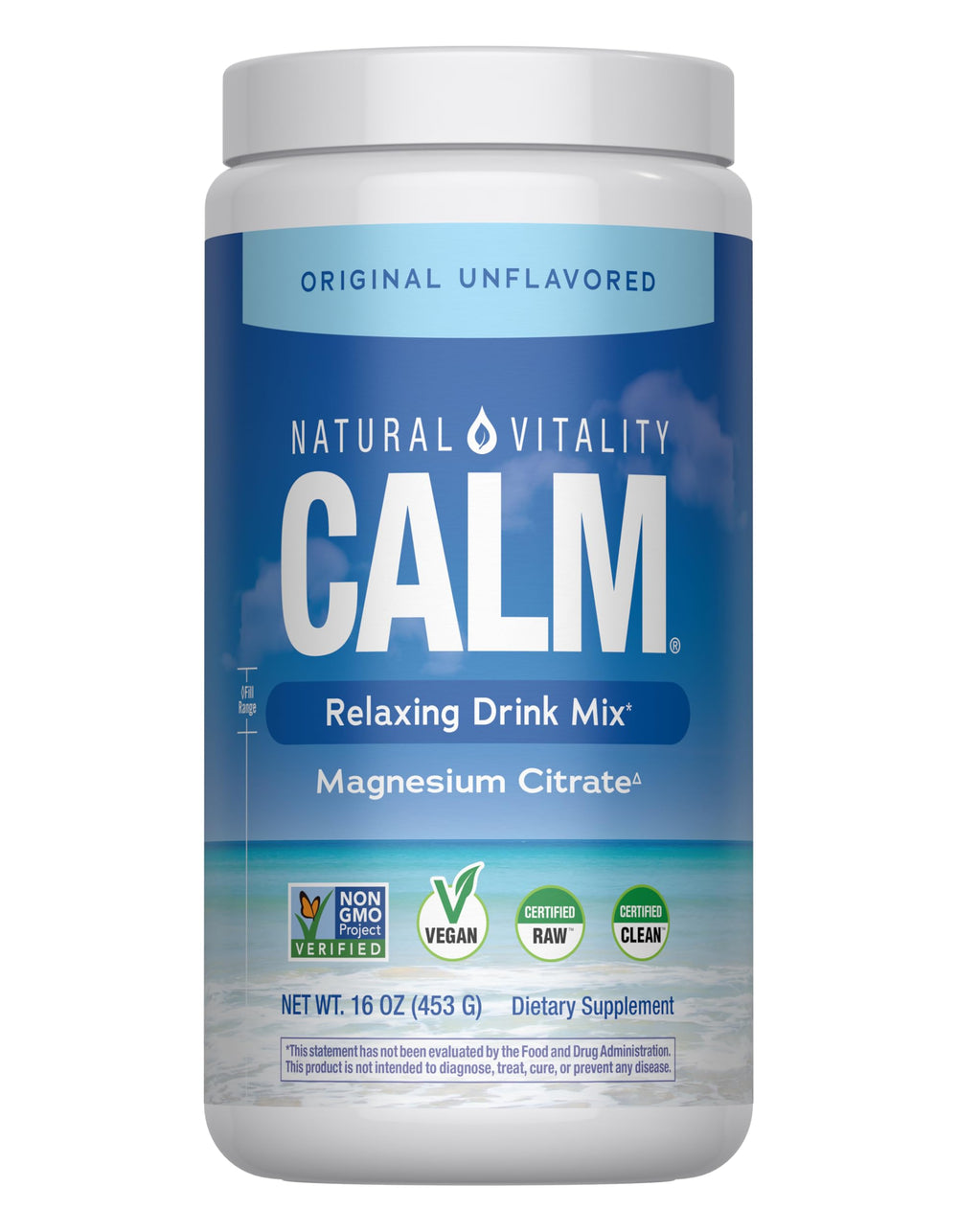 Natural Vitality CALM bottle with glass showing a refreshing stress-support drink.