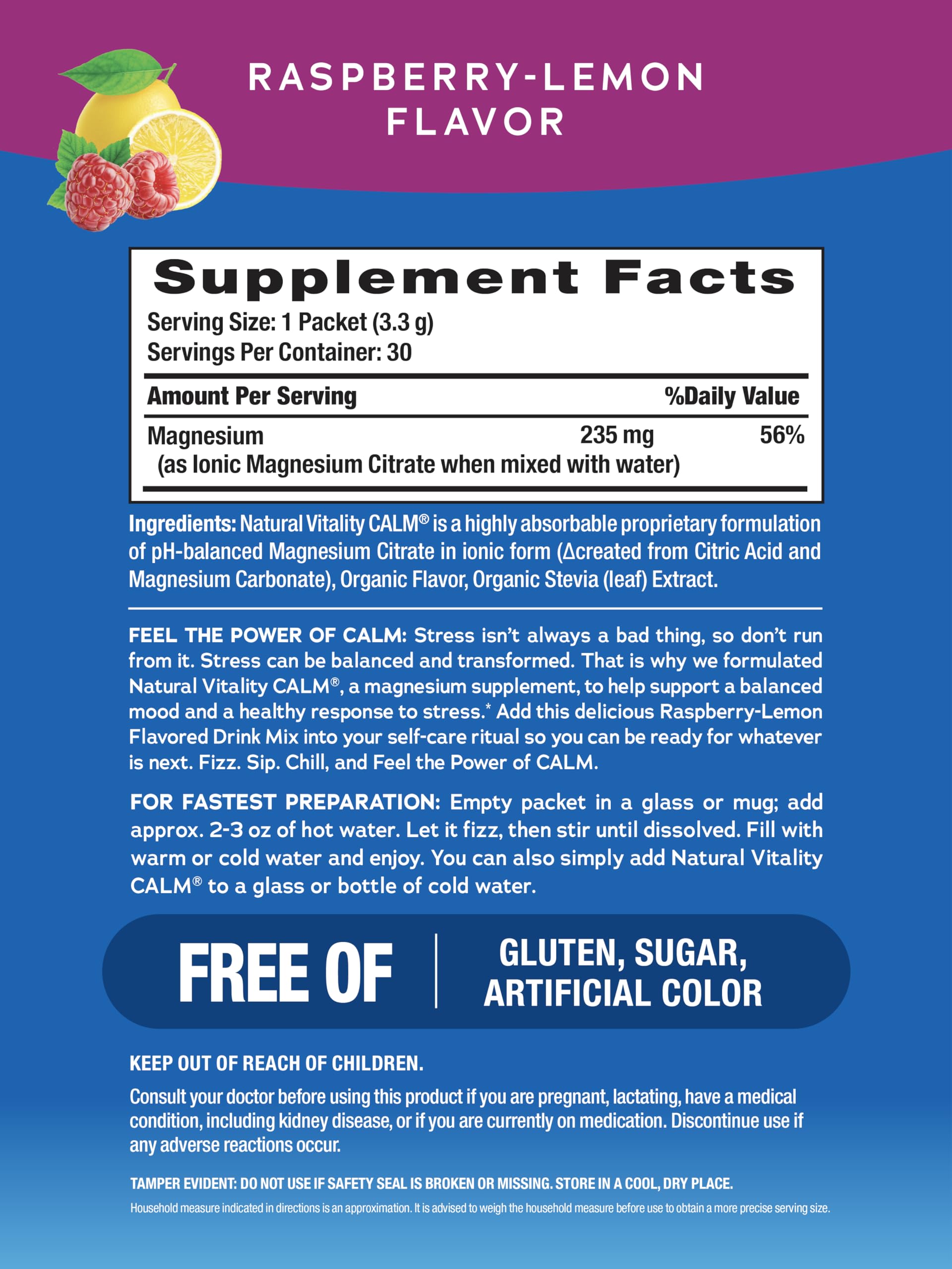 Natural Vitality CALM fizzy drink pour showing a quick mood-support sip.