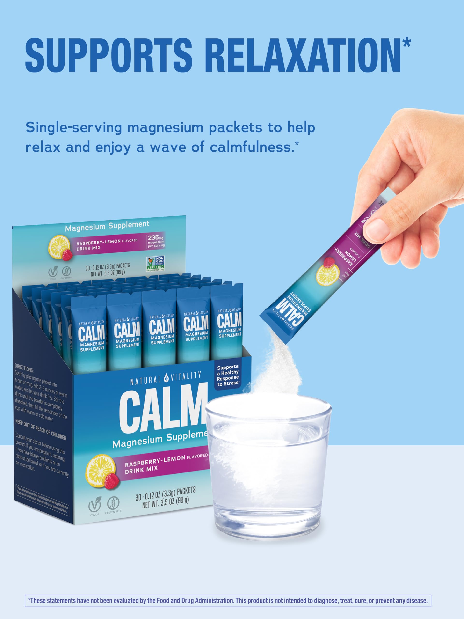 Natural Vitality CALM glass with drink showcasing a refreshing raspberry lemon flavor.