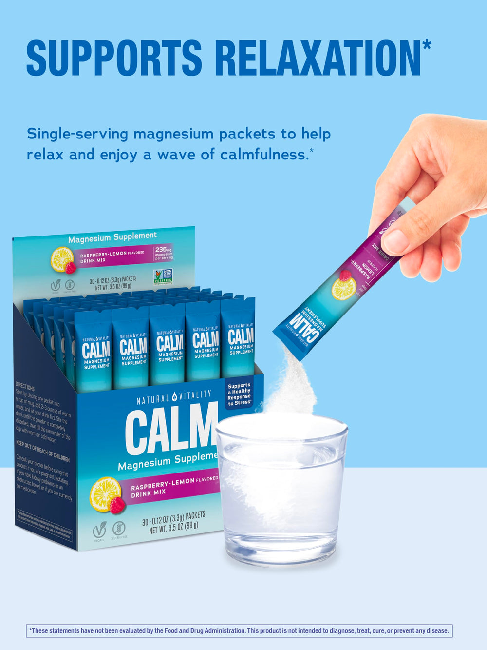 Natural Vitality CALM glass with drink showcasing a refreshing raspberry lemon flavor.