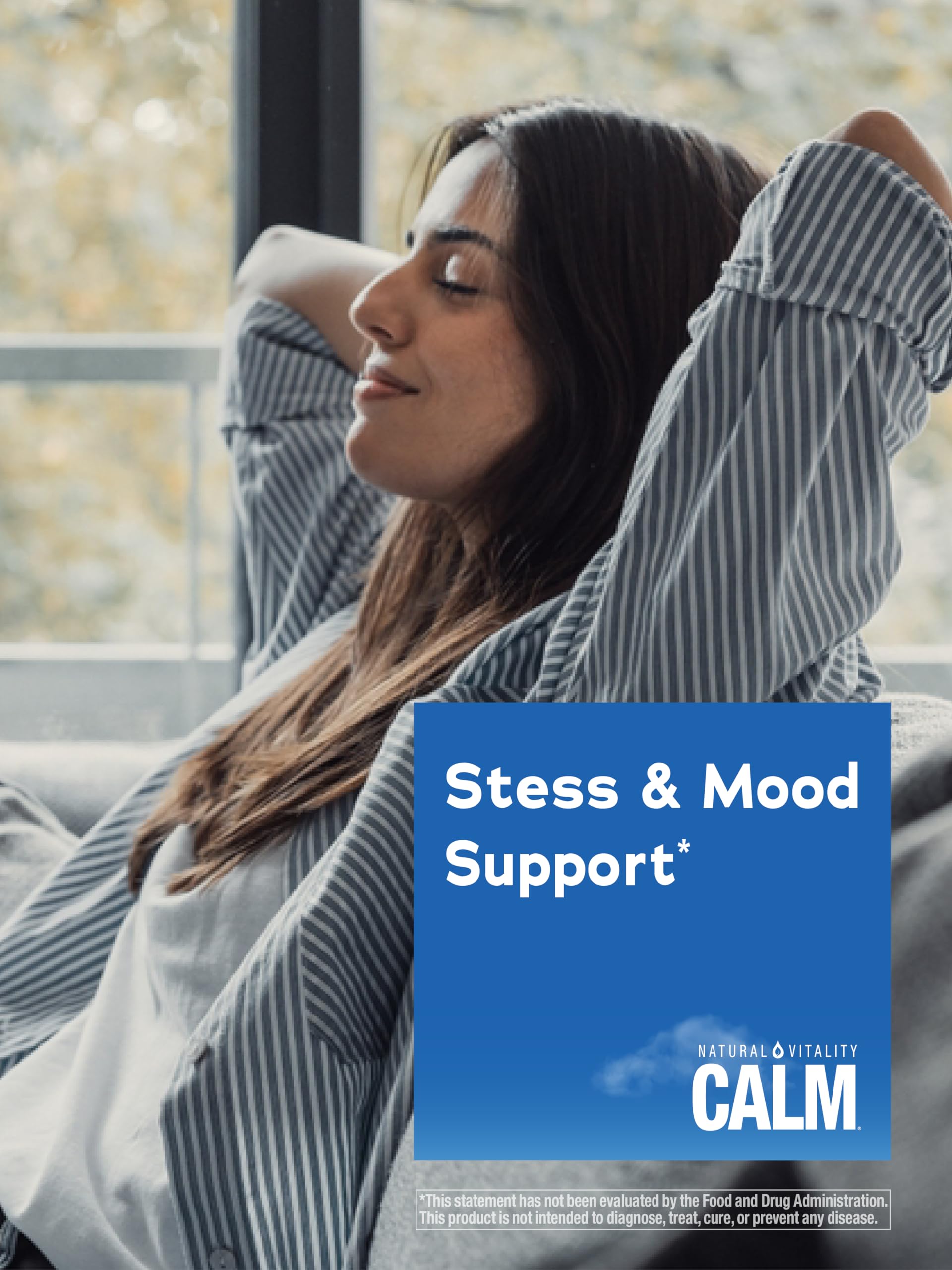 Natural Vitality Calm ingredients close-up shows Sensoril ashwagandha and magnesium support.