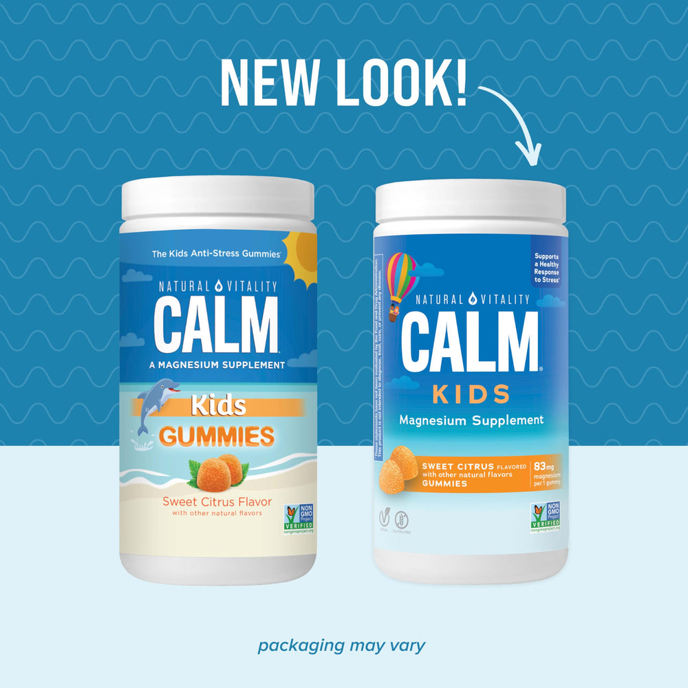 Natural Vitality CALM Kids bottle label closeup, showing 83 mg magnesium per gummy.