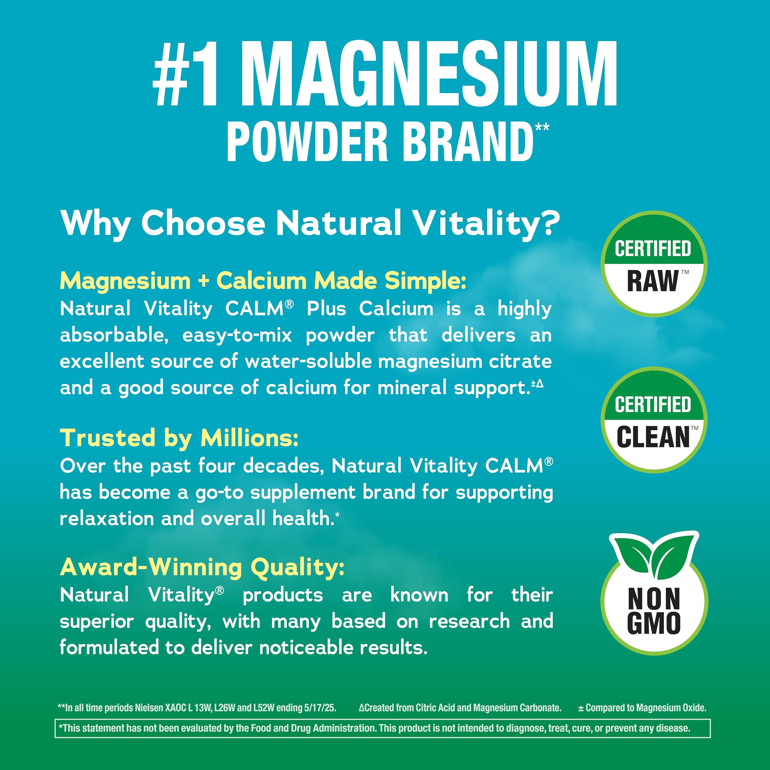 Natural Vitality CALM label close-up emphasizing the formula and ingredients