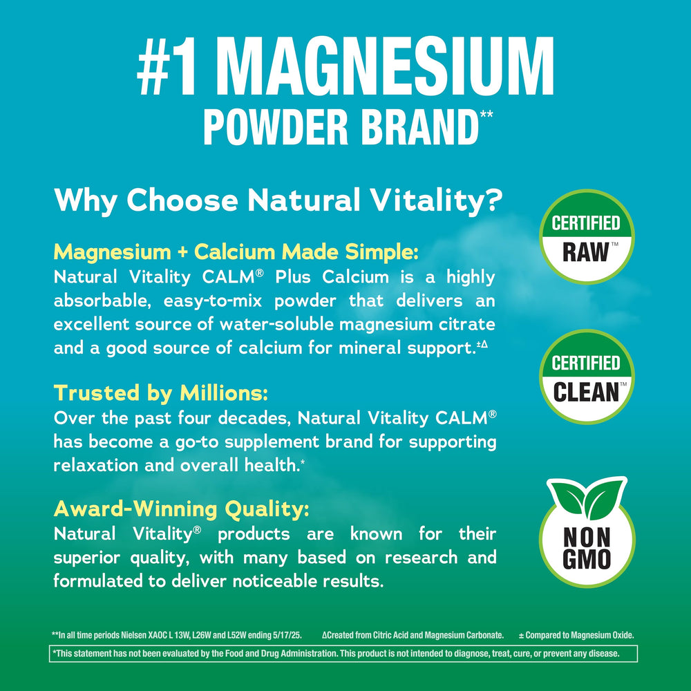 Natural Vitality CALM label close-up emphasizing the formula and ingredients