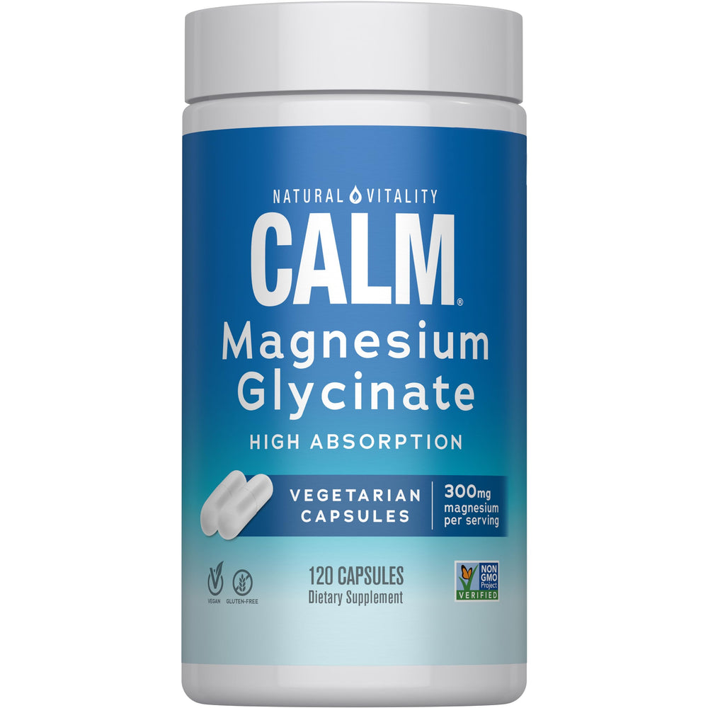 Natural Vitality Calm Magnesium bottle showing 120 CT capsules for daily relaxation support.
