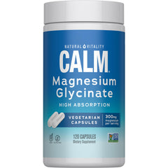 Natural Vitality Calm Magnesium bottle showing 120 CT capsules for daily relaxation support.