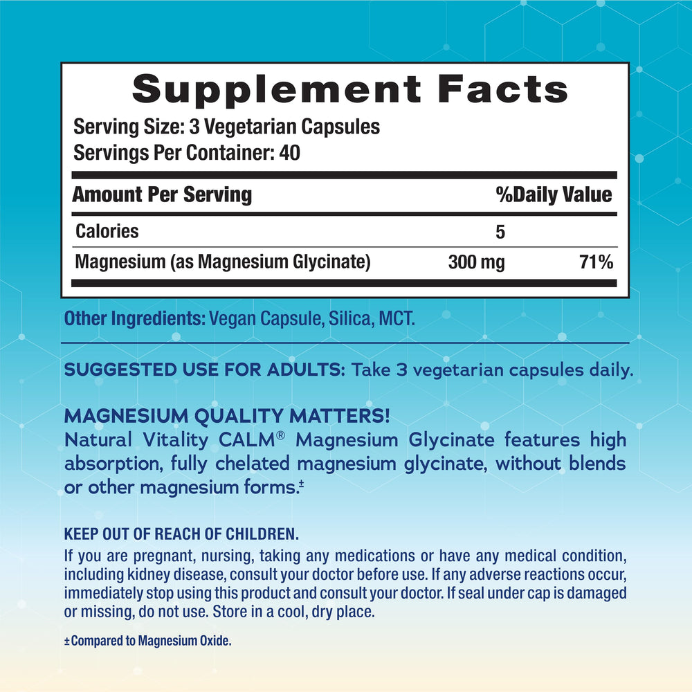 Natural Vitality Calm Magnesium label shown with capsules for easy daily use and calm moments.