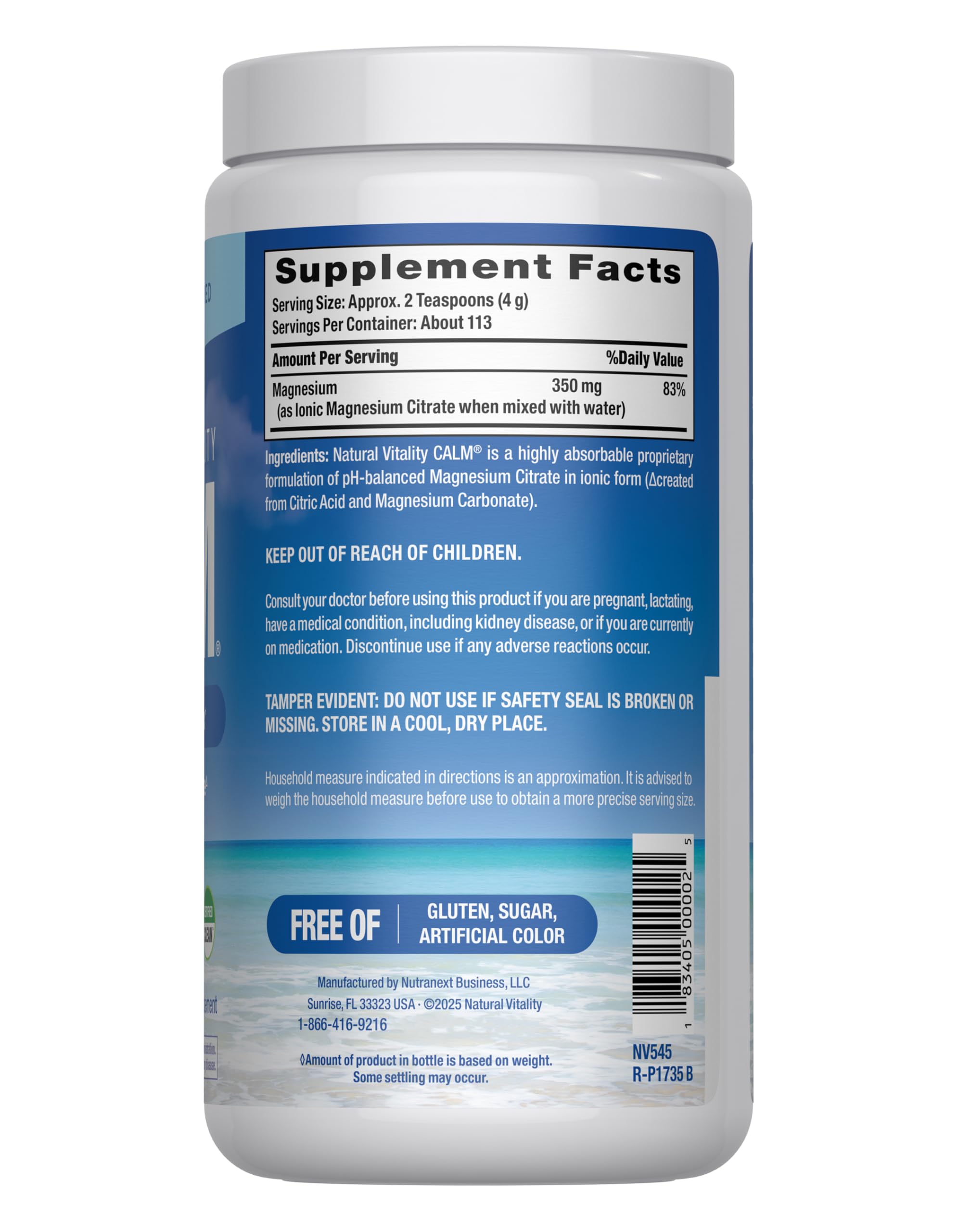 Natural Vitality CALM powder dissolving in water to create a fizzy beverage.