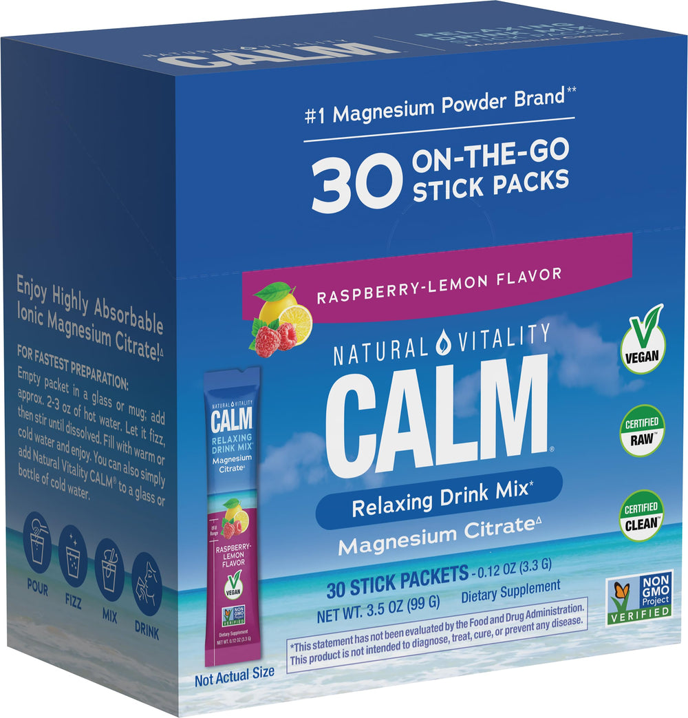 Natural Vitality CALM raspberry lemon packet ready to mix for a relaxing drink.
