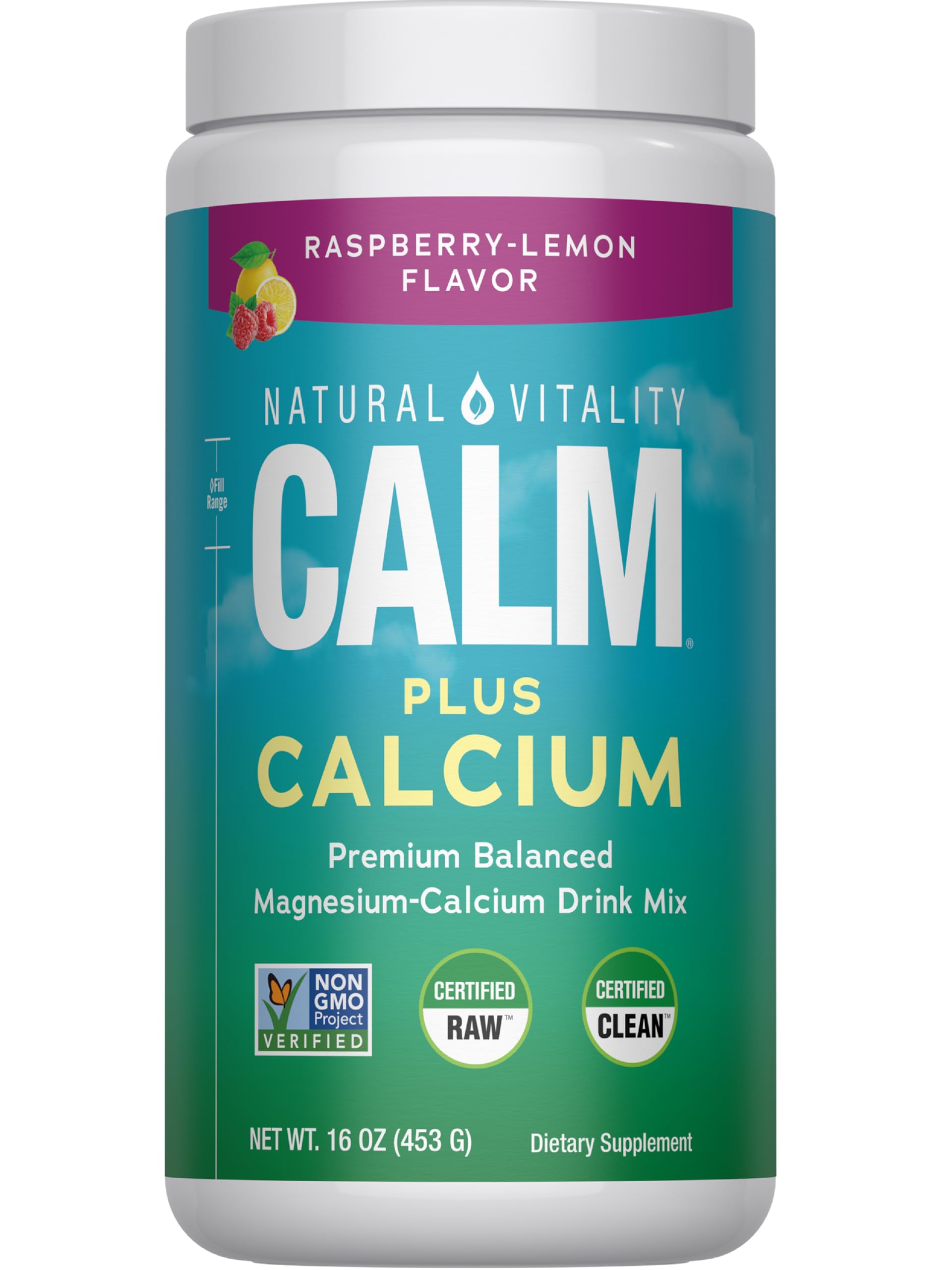 Natural Vitality CALM raspberry lemon powder bottle ready to mix for relaxing moments.