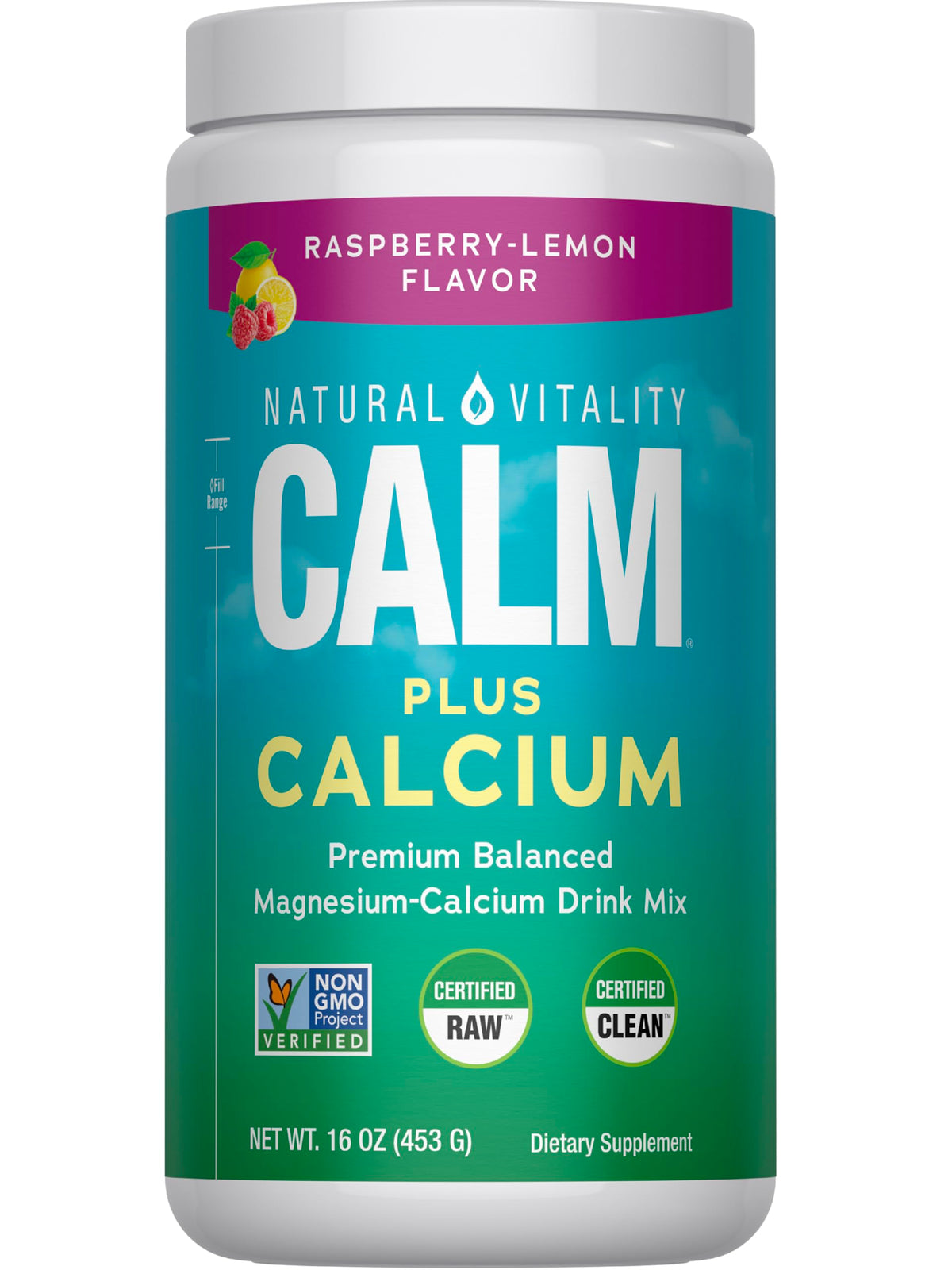 Natural Vitality CALM raspberry lemon powder bottle ready to mix for relaxing moments.