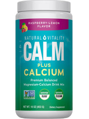 Natural Vitality CALM raspberry lemon powder bottle ready to mix for relaxing moments.