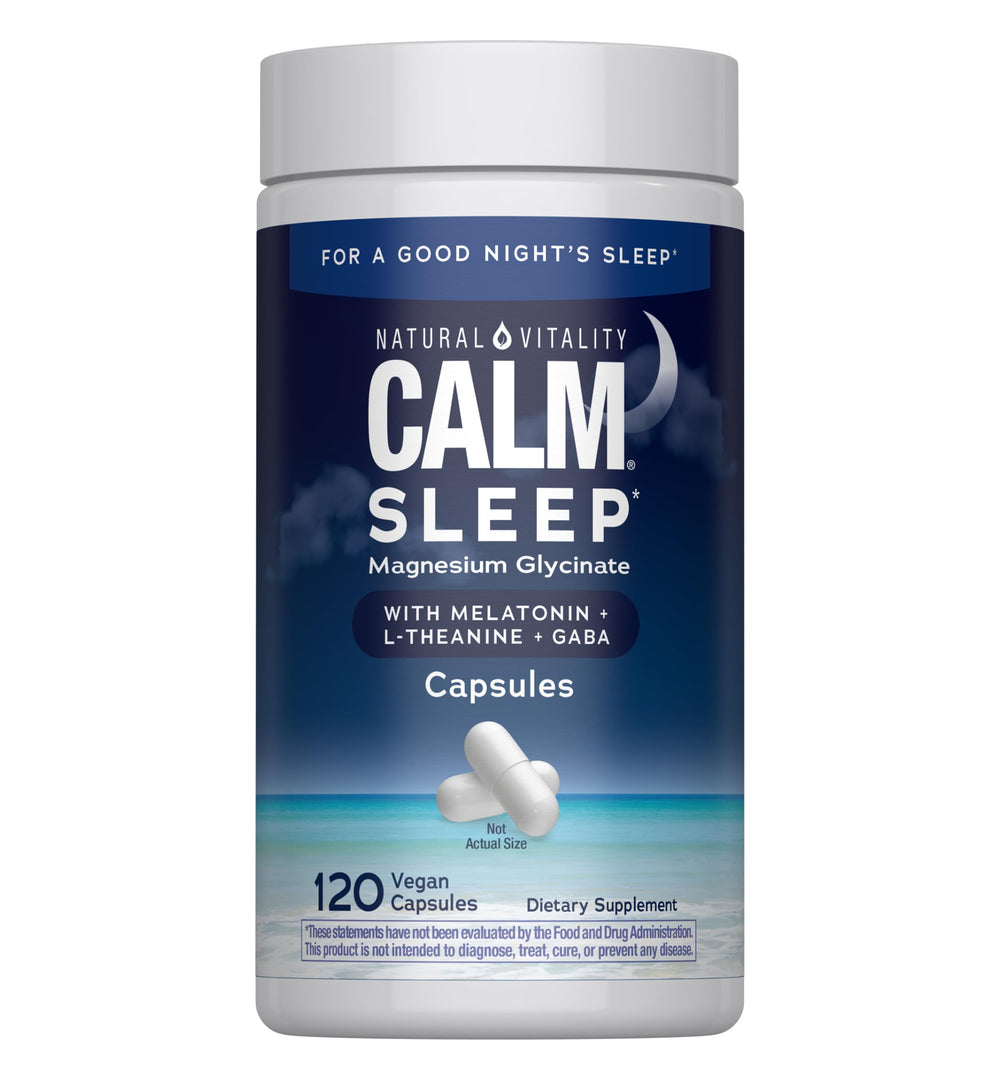 Natural Vitality Calm Sleep capsules bottle showing bedtime support for relaxed evenings.