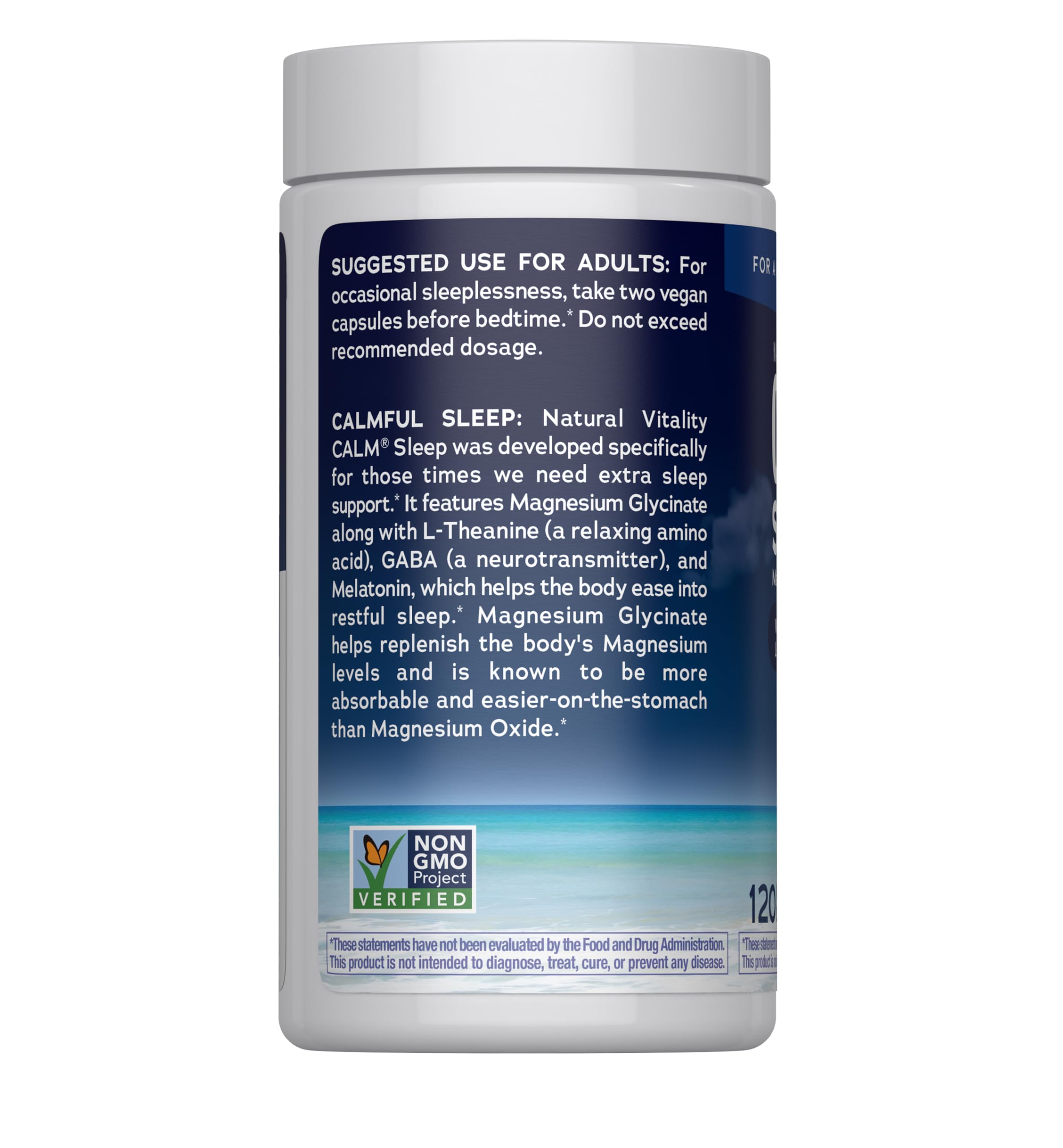 Natural Vitality Calm Sleep capsules close-up of ingredients like melatonin and magnesium.