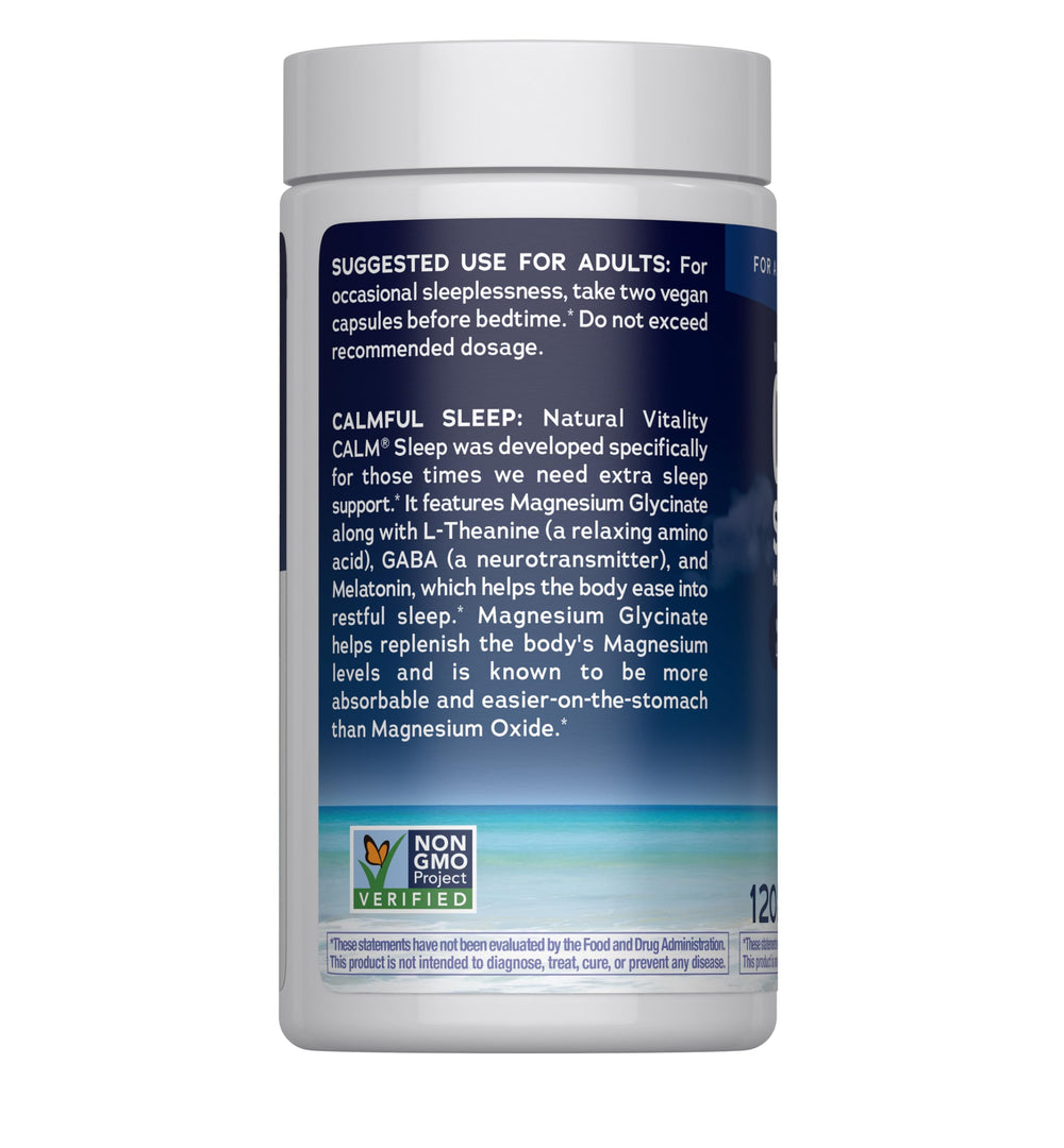Natural Vitality Calm Sleep capsules close-up of ingredients like melatonin and magnesium.