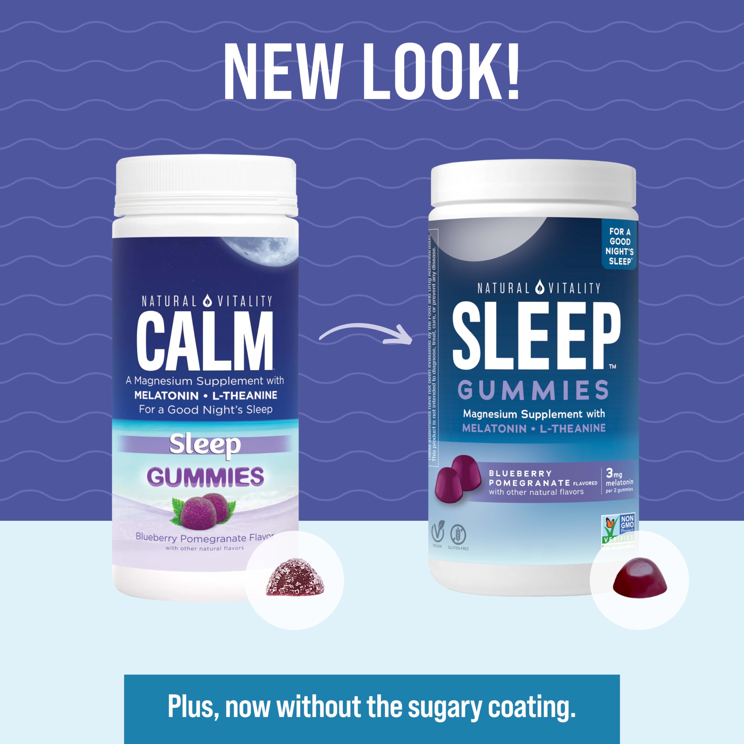 Close-up of Natural Vitality SLEEP Gummies label, showcasing vegan and gluten-free notes.