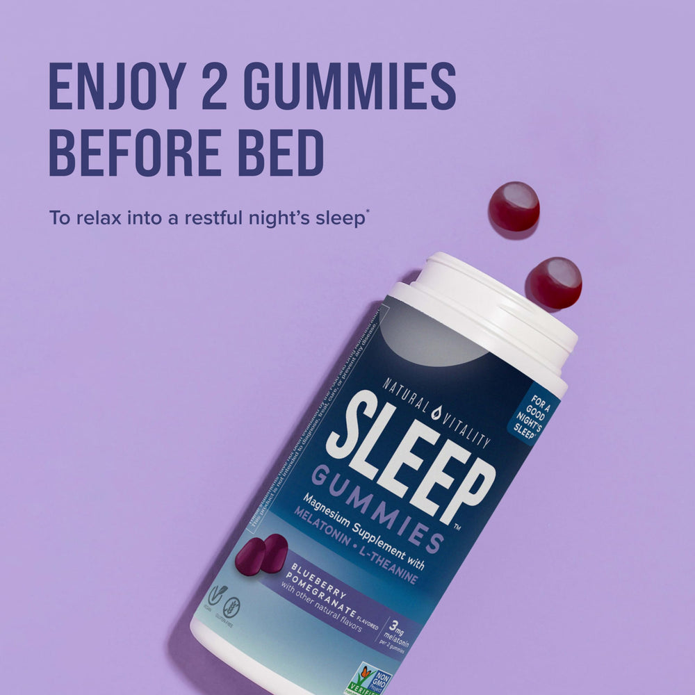 Vegan and gluten-free badge on Natural Vitality SLEEP Gummies packaging.