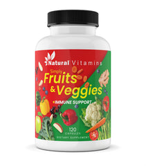 Natural Vitamins Fruits & Veggies capsules bottle closeup supports daily nutrition.