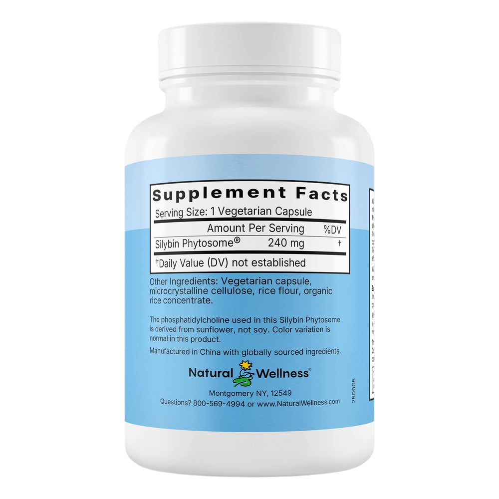 Natural Wellness Maximum Milk Thistle capsules highlighting vegan, non-GMO formula