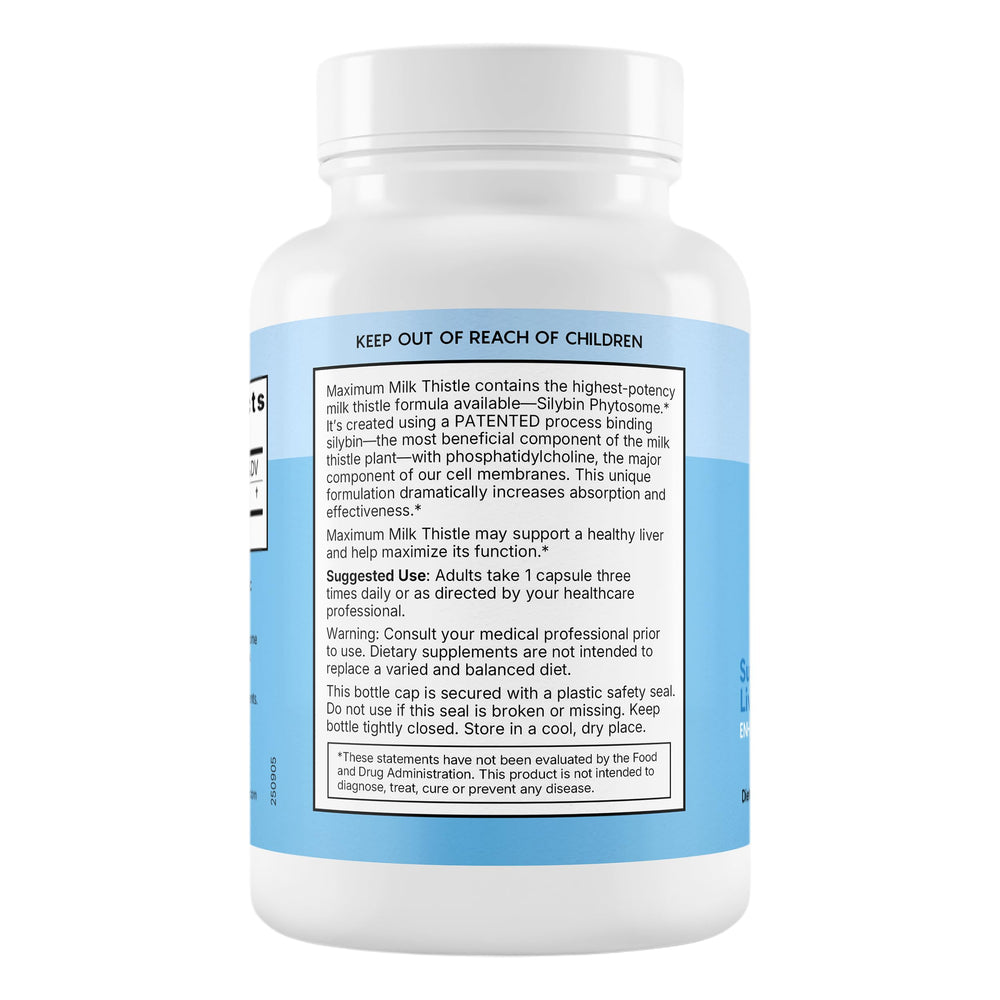 Natural Wellness Maximum Milk Thistle label close-up showing product name and phytosome tech
