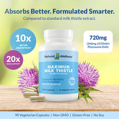 Natural Wellness Maximum Milk Thistle phytosome illustration emphasizing enhanced absorption