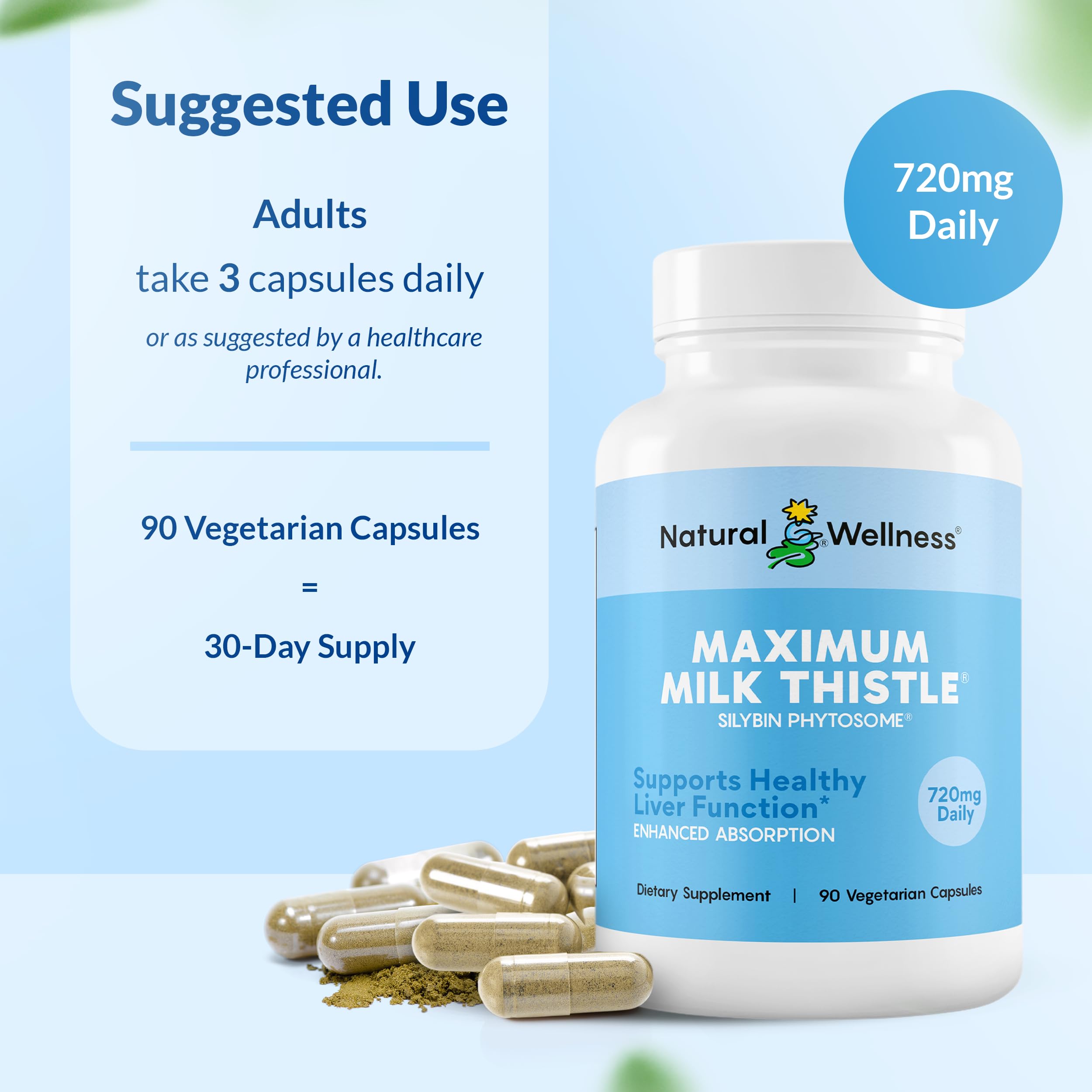 Natural Wellness Maximum Milk Thistle vegan capsules on a clean surface