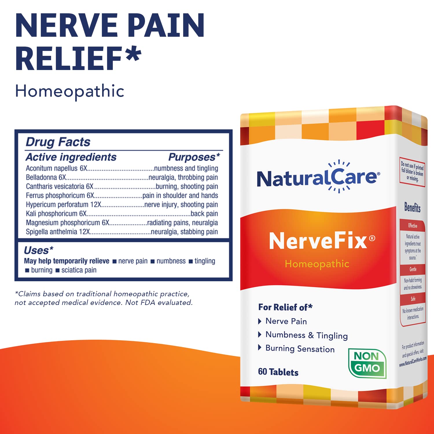 Close-up of NaturalCare NerveFix tablets highlighting natural formula for nerve comfort