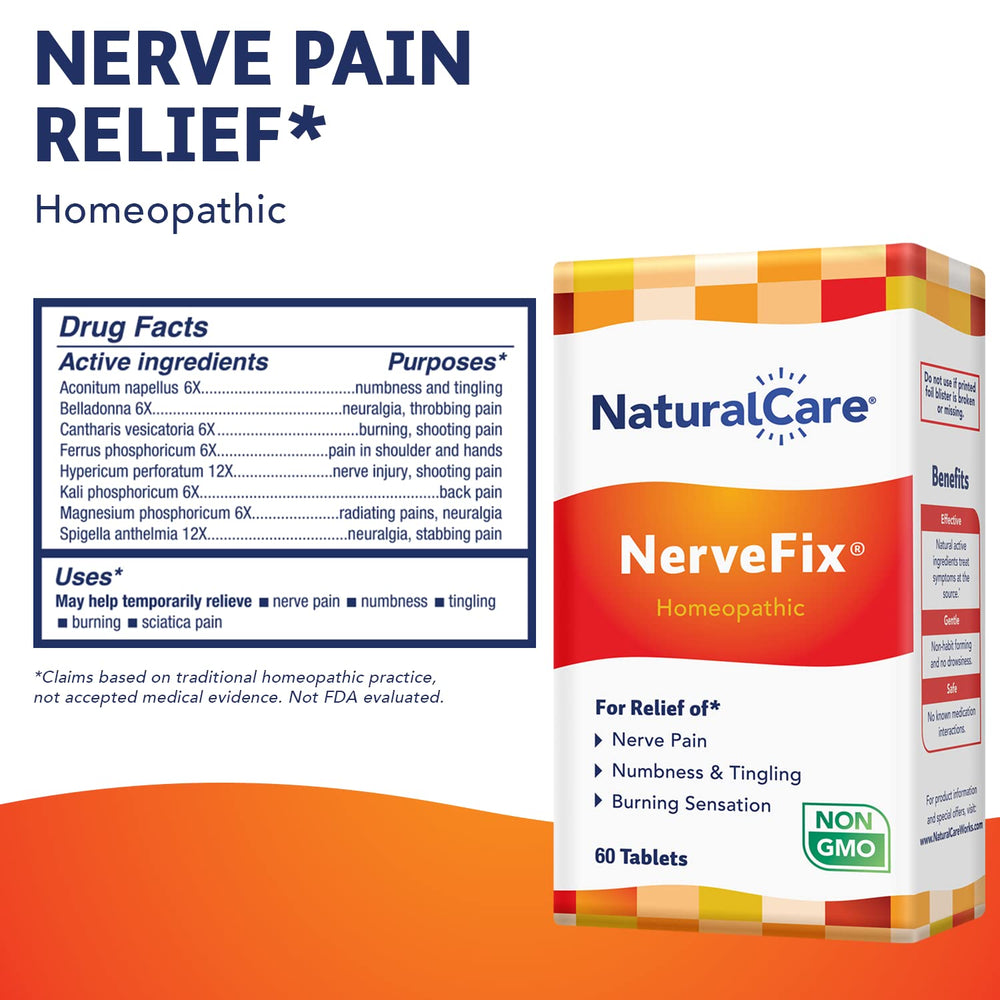 Close-up of NaturalCare NerveFix tablets highlighting natural formula for nerve comfort