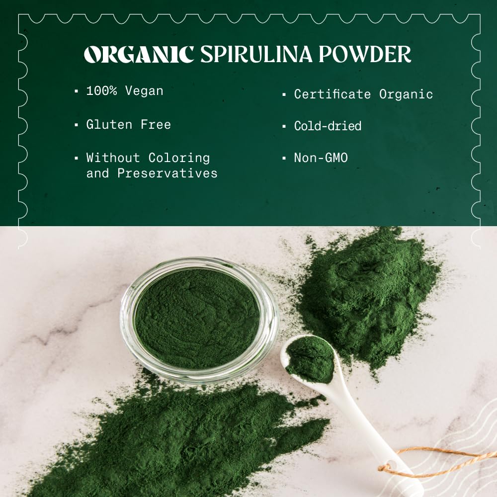 NaturaleBio spirulina bottle and label emphasize vegan, raw quality