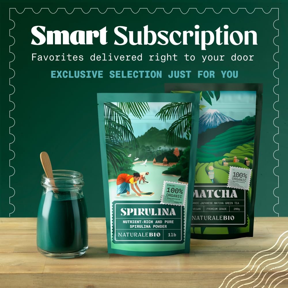 Ingredient list shows organic, vegan NaturaleBio spirulina