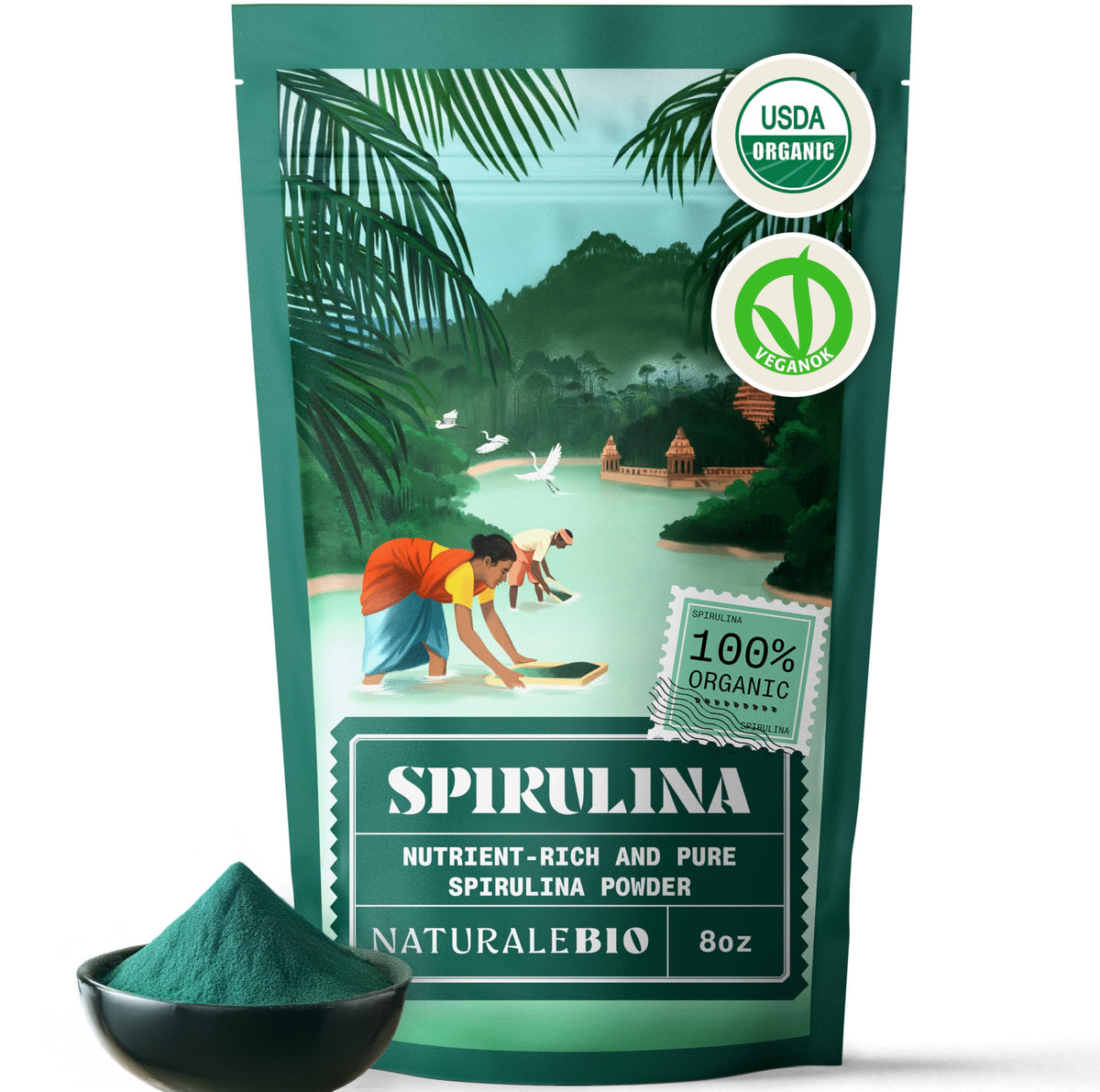 NaturaleBio spirulina packaging highlights organic origin for smoothies