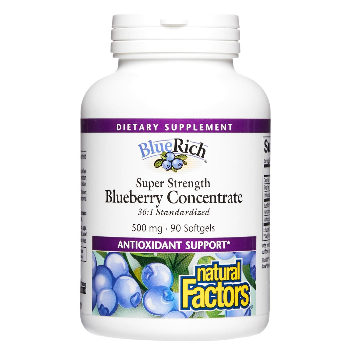 Natural Factors BlueRich bottle offering antioxidant support from blueberry concentrate.