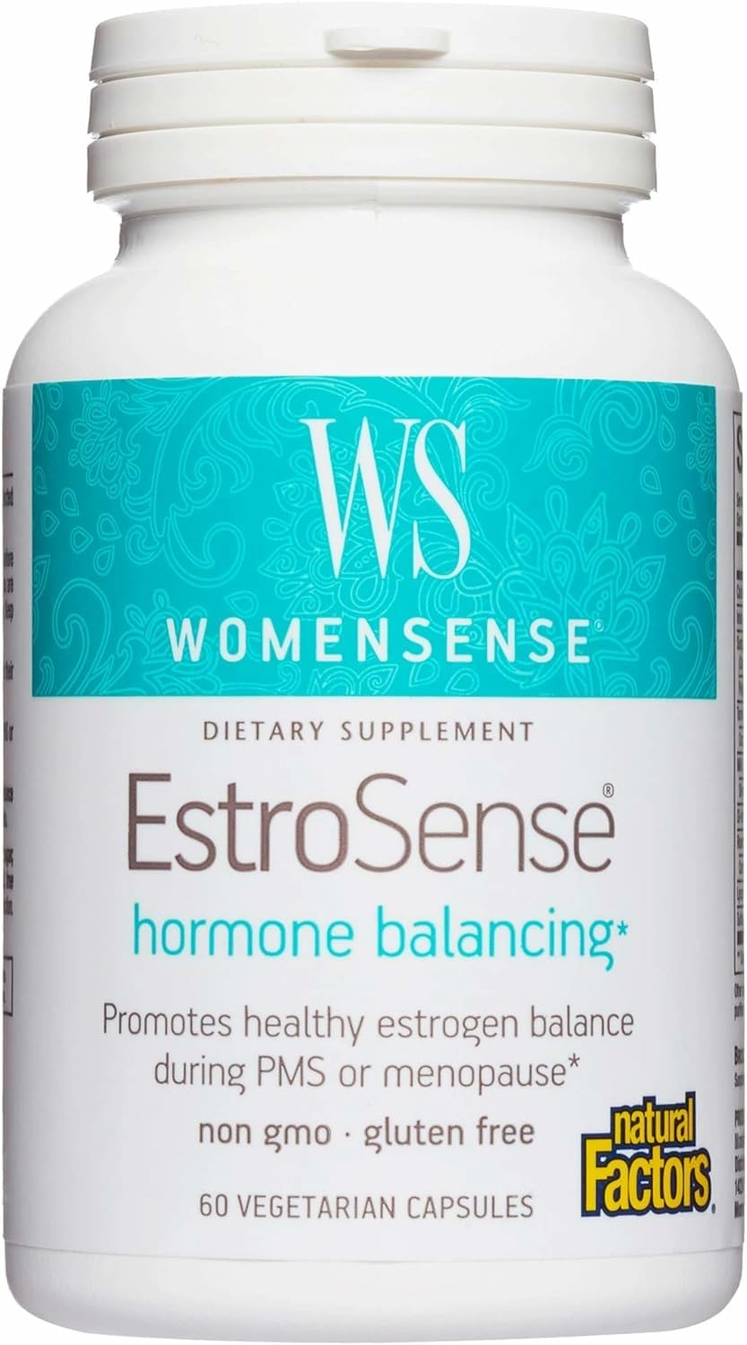Natural Factors EstroSense bottle closeup for daily hormonal balance