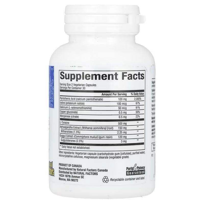 Natural Factors ThyroSense capsules closeup on vegetarian, non-GMO formula for everyday wellness