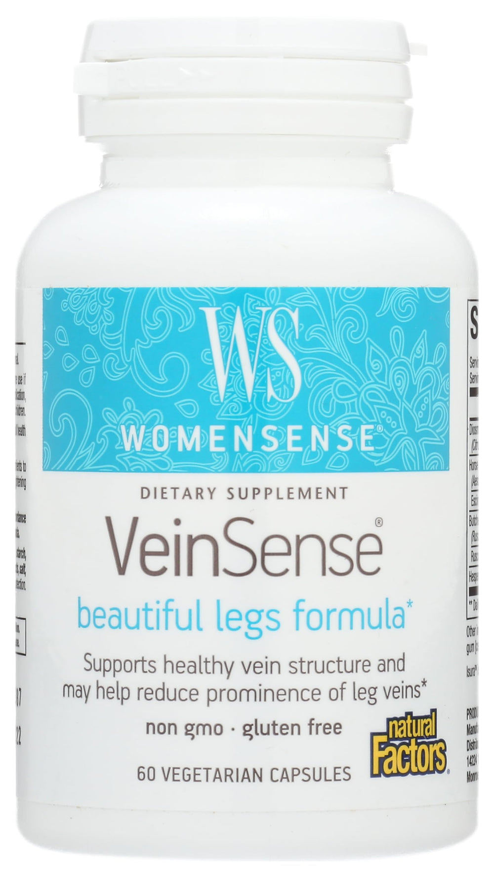 Natural Factors VeinSense bottle with capsules for healthier leg veins.
