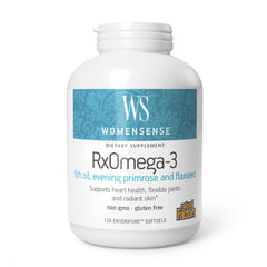 Natural Factors WomenSense RxOmega-3 softgel close-up showing easy-to-swallow capsule