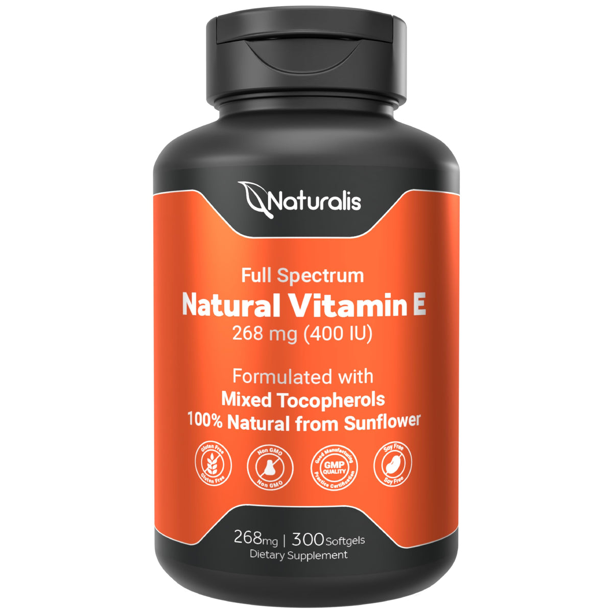 Naturalis Sunflower Vitamin E softgel bottle showcases natural origin and purity for skin support.