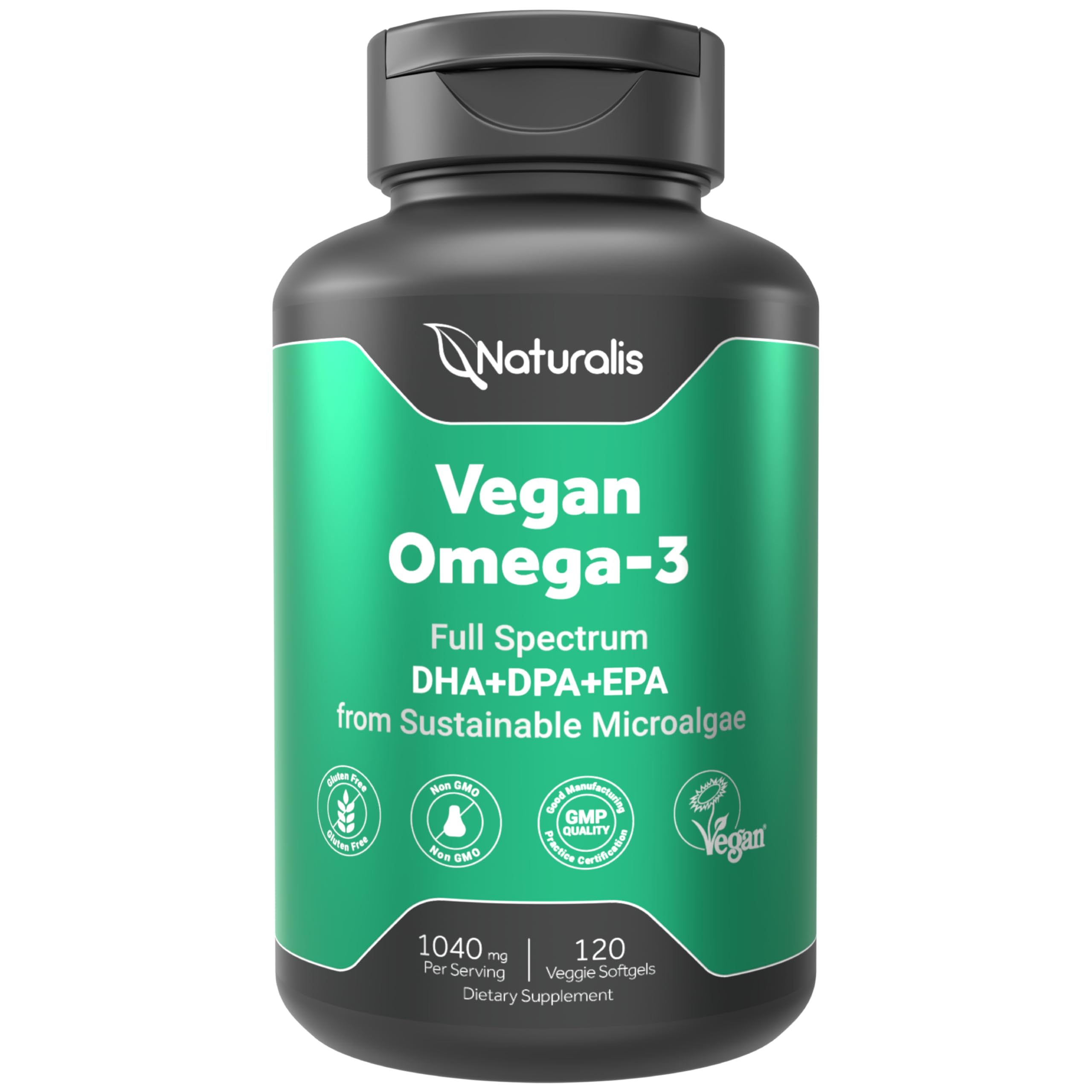 Naturalis Vegan Omega-3 bottle front highlighting algae-based supplement for daily wellness