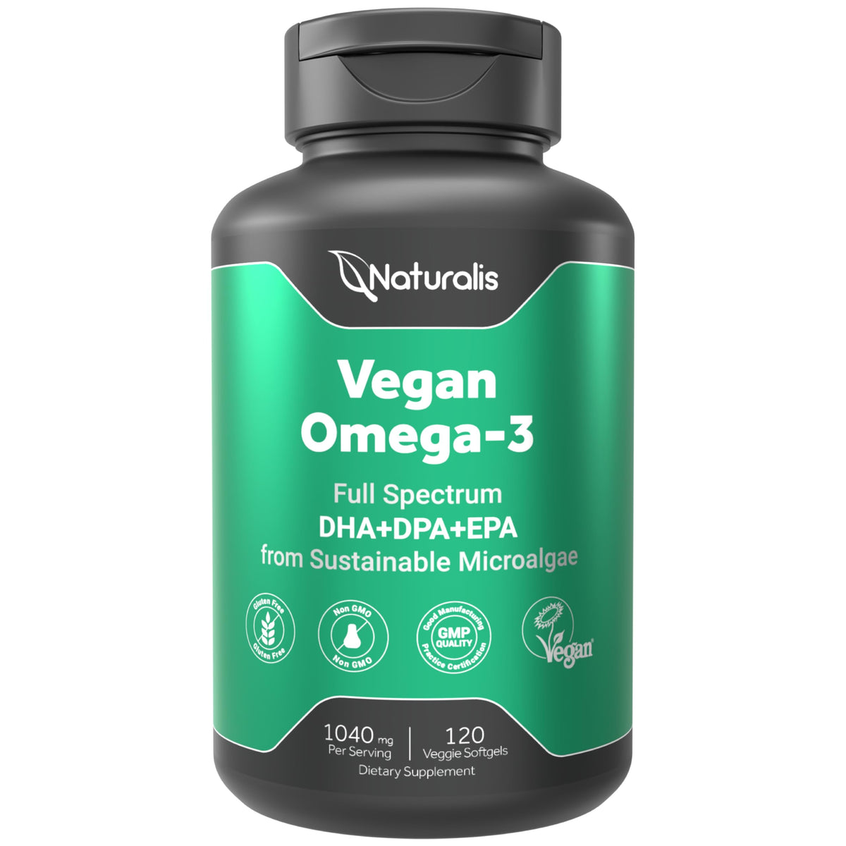 Naturalis Vegan Omega-3 bottle front highlighting algae-based supplement for daily wellness